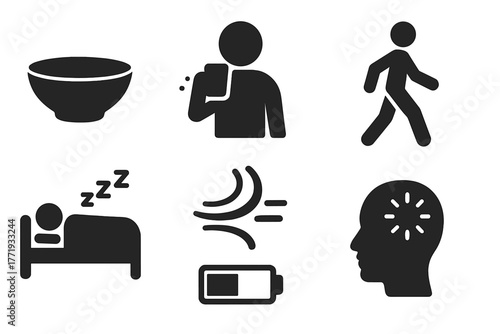 Therapeutic Fasting Icons. Solid style icons of therapeutic fasting process: Empty Bowl, Slow Sip, Long Walk, Nap Time, Breath