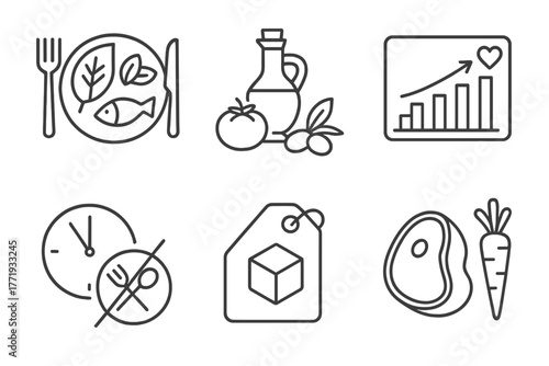 Nutrition Science Icons. Line style icons of nutrition science: dietary patterns, Mediterranean diet icon, DASH diet chart, keto