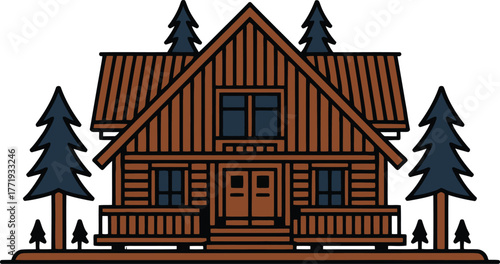 Rustic wooden log cabin illustration outdoor nature scene adventure accommodation dwelling