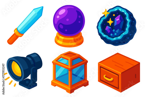 Collector's Cabinet Treasures. Isometric vector illustration set Collector’s Cabinet: quartz wand, amethyst crystal ball,