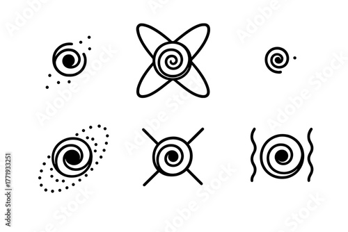 Black Hole Icons. Line style icons of black holes: primordial black hole, early universe symbol, tiny mass icon, dark matter