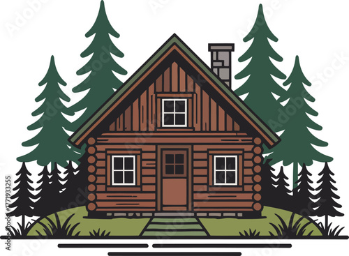 Secluded log cabin illustration surrounded by dense green pine forest nature escape concept