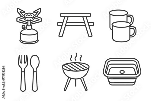 Glamping Kitchen Essentials. Line style icons of Glamping Kitchen Gear: mini gas stove, picnic table, enamel mugs, bamboo cutlery,
