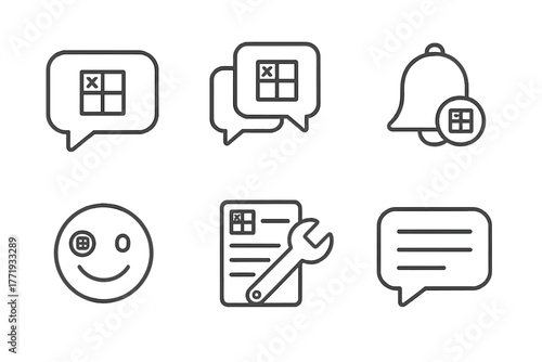 Geocaching Icon Set. Line style icons of Geocaching Communication: geocaching chat bubble, group message thread, cache