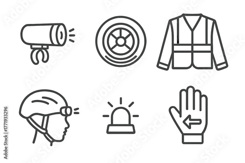 Nighttime Mobility Gear Icons. Line style icons of Nighttime Micro-Mobility Gear: LED handlebar light, wheel glow strip,