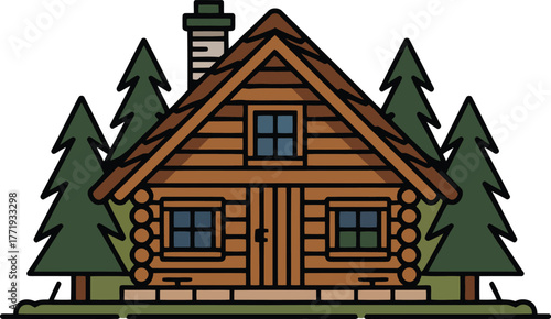 Symmetrical Aframe style wooden log cabin house vector illustration surrounded by green trees