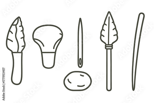 Ice Age Tools Icons. Line style icons of Ice Age tools: flint knife, stone scraper, bone needle, hammerstone, spearhead, digging