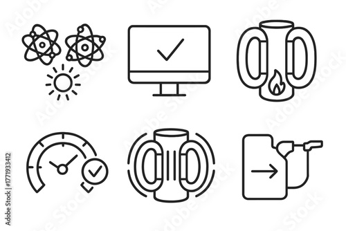 Nuclear Fusion Icons. Line style icons of nuclear fusion: fusion startup sequence, system boot-up, pre-heating phase, diagnostic