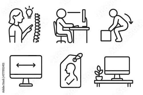 Chiropractic Care Icons. Line style icons of chiropractic care: ergonomic education, desk posture guide, lifting with knees symbol