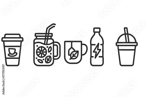 Keto Drink Icons. Line style icons of ketogenic diet: keto beverages, bulletproof coffee cup icon, infused water jar, herbal tea