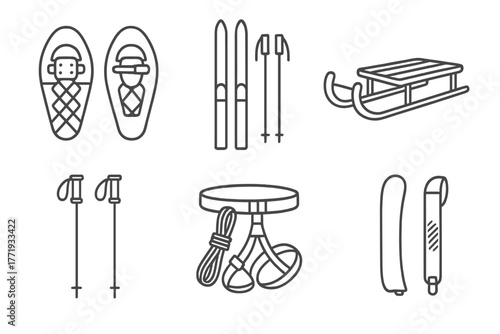 Ice Travel Icons. Line style icons of Ice Travel Equipment: snowshoes, cross-country skis, sled, trekking poles, rope harness, ski
