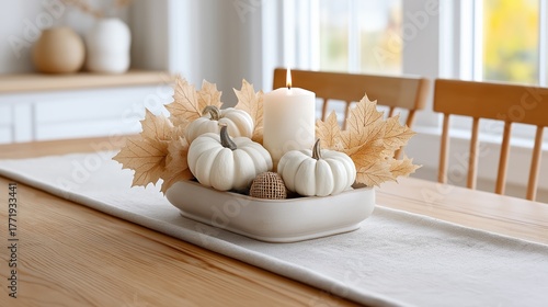 Modern autumn centerpiece with white pumpkins and a lit candle. Thanksgiving table setting on a wooden dining table. Seasonal home decor concept