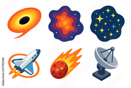 Outer Galaxy Icons. Isometric vector illustration set Outer Galaxy: massive black hole, glowing nebula, scattered star cluster,