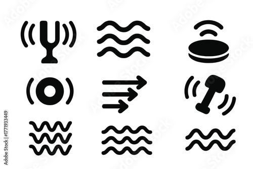 Resonance and Vibration Icons. Solid style icons of resonance and vibration: Resonance Chamber, Amplified Wave Lines, Vibrating