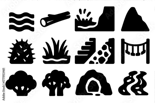 Jungle Obstacle Icons. Solid style icons of jungle obstacles: river crossing, fallen log, quicksand, steep cliff, thorn bush,