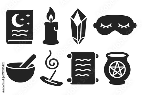 Astral Exploration Icons. Solid style icons of astral exploration tools: Journal Page, Candle Flame, Quartz Crystal, Eye Mask,