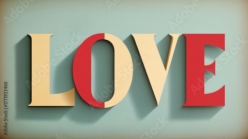 Vintage 3d typography of the word love. Retro red and cream letters with a long shadow on a textured background. Romantic valentine's day concept