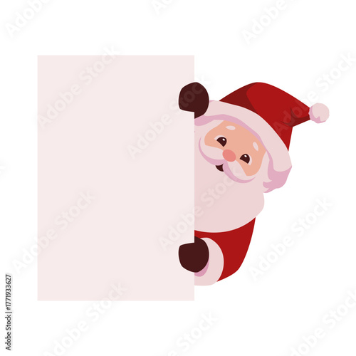 Santa claus peeking behind blank sign 