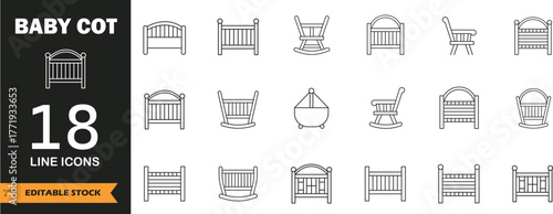 Baby Cot & Nursery Furniture Icon Set, Vector Line and Filled Symbols for Infant Bedroom, Childcare and Baby Room Design