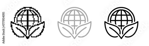 Globe with Leaves Icon in Pixelated and Line Style for Nature Preservation Concept