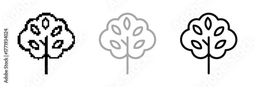 Three Tree Icons Show Pixelated, Grey Outline and Black Outline Variations