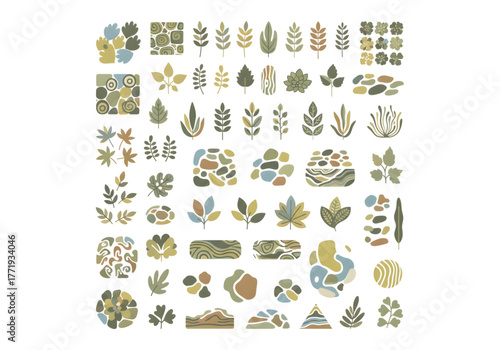 Set abstract doodle nature organic leaf rock shapes green brown vector png on transparent background