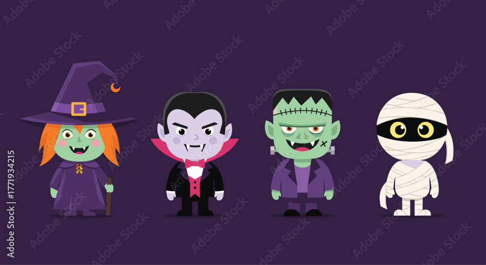 Fototapeta premium Cute cartoon Halloween characters including a witch, vampire, Frankenstein, and mummy on a purple background.