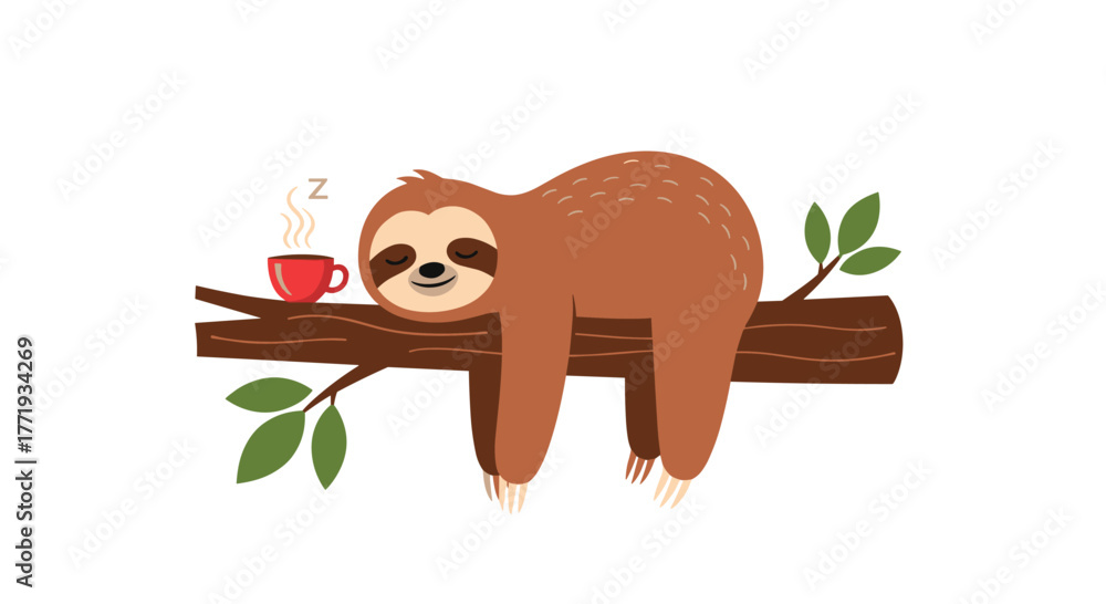 Naklejka premium A cute, sleepy sloth rests on a tree branch next to a steaming cup of coffee.