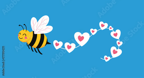 Cute bee flying with a trail of pink and white hearts on a blue background.