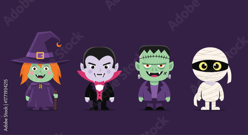 Cute cartoon Halloween characters including a witch, vampire, Frankenstein, and mummy on a purple background.