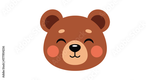 Cute cartoon brown bear face with rosy cheeks, closed eyes, and a smiling mouth.