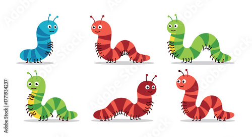 Six cheerful cartoon caterpillars in different colors and patterns frolic against a white background.