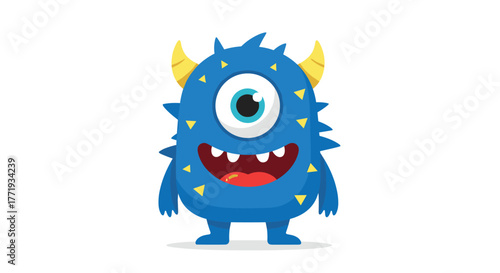 A cute blue cartoon monster with one eye, yellow horns, and small yellow triangles on its body.