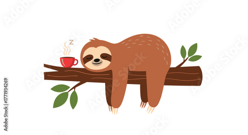 A cute, sleepy sloth rests on a tree branch next to a steaming cup of coffee.