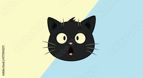 Cartoon black cat face with wide eyes and open mouth, against a split yellow and blue background.