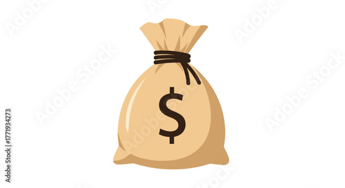 A tan drawstring bag with a large black dollar sign in the center and a brown string tied at the top.