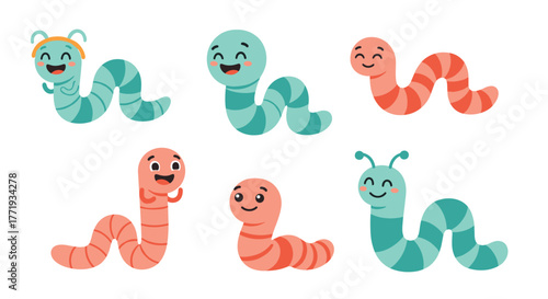 Six cartoon worms in various colors and poses, smiling and friendly.