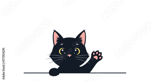 Cute cartoon black cat peeking over a surface and waving with its paw, isolated on white.