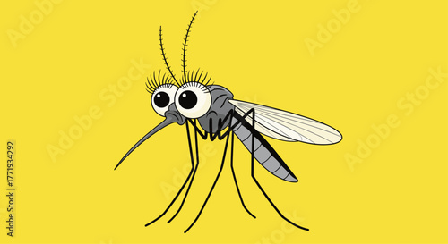 Cute cartoon mosquito with large eyes and long legs on a yellow background.