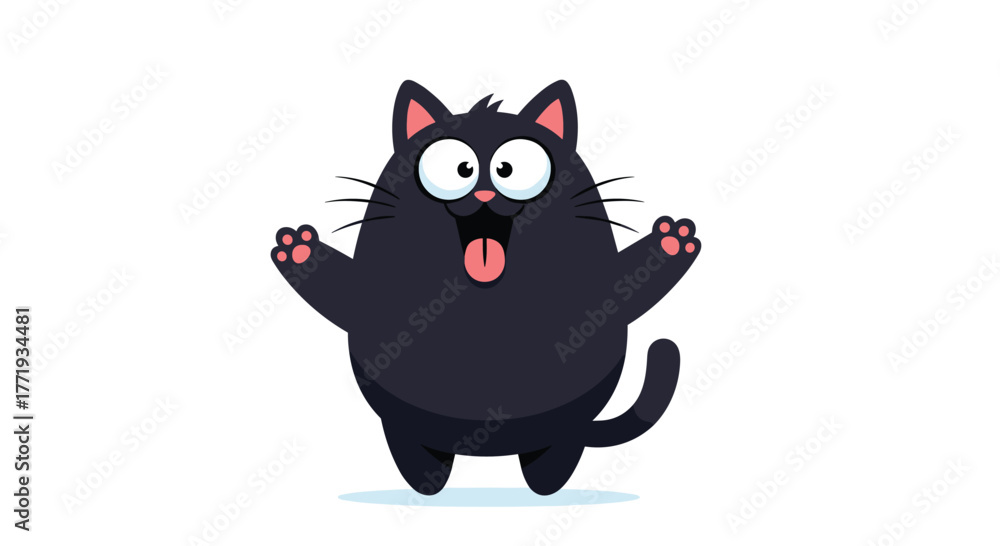 Obraz premium A cartoon black cat with big eyes and a wide open mouth with its tongue sticking out, jumping with its paws in the air.