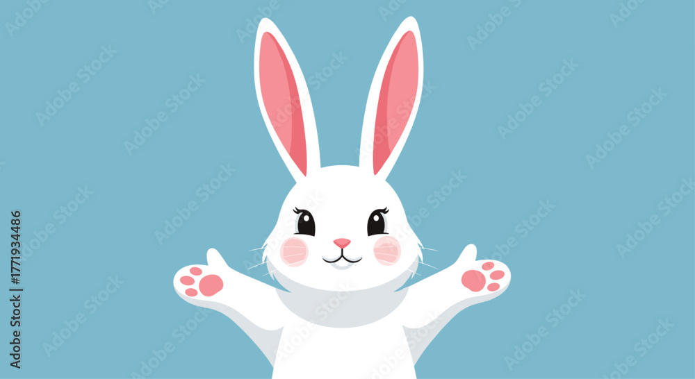 Obraz premium Cute white bunny with pink ears and paws reaching out for a hug against a blue background.