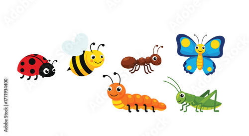 A collection of cute cartoon insects including a ladybug, bee, ant, caterpillar, butterfly, and grasshopper.