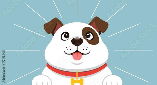 A happy cartoon dog with brown ears and a red collar with a bone tag smiles with its tongue out.