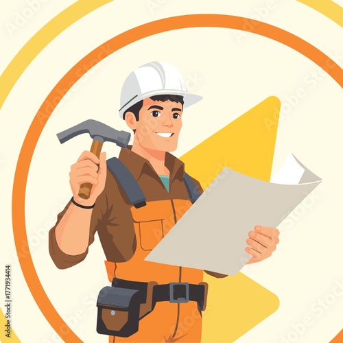 A construction worker with building materials and tools, holding up a hammer and an architectural plan