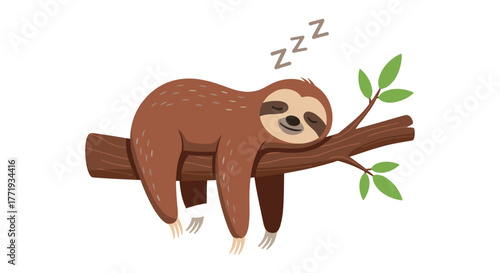 A cute cartoon sloth is sleeping soundly while hanging from a tree branch with green leaves.
