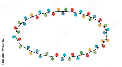 Oval string of colorful Christmas lights against a white background.