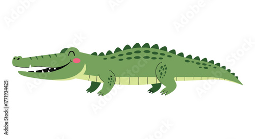 Cartoon alligator with a friendly smile and pink cheeks on a white background.