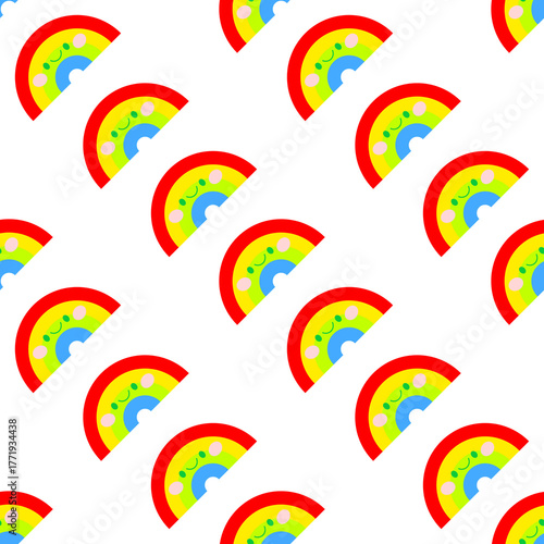 Cute cartoon rainbows with smiles in diagonal seamless pattern