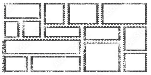 Collection of blank postage stamp frames with perforated edges arrangement layout vector