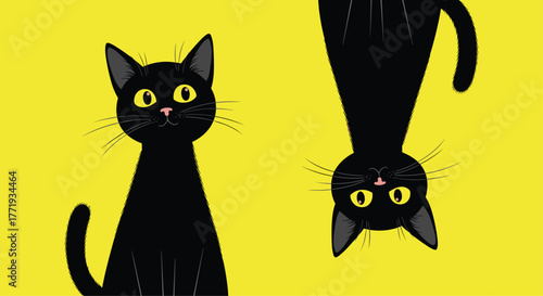 Two stylized black cats with bright yellow eyes on a solid yellow background, one upright and one upside down.